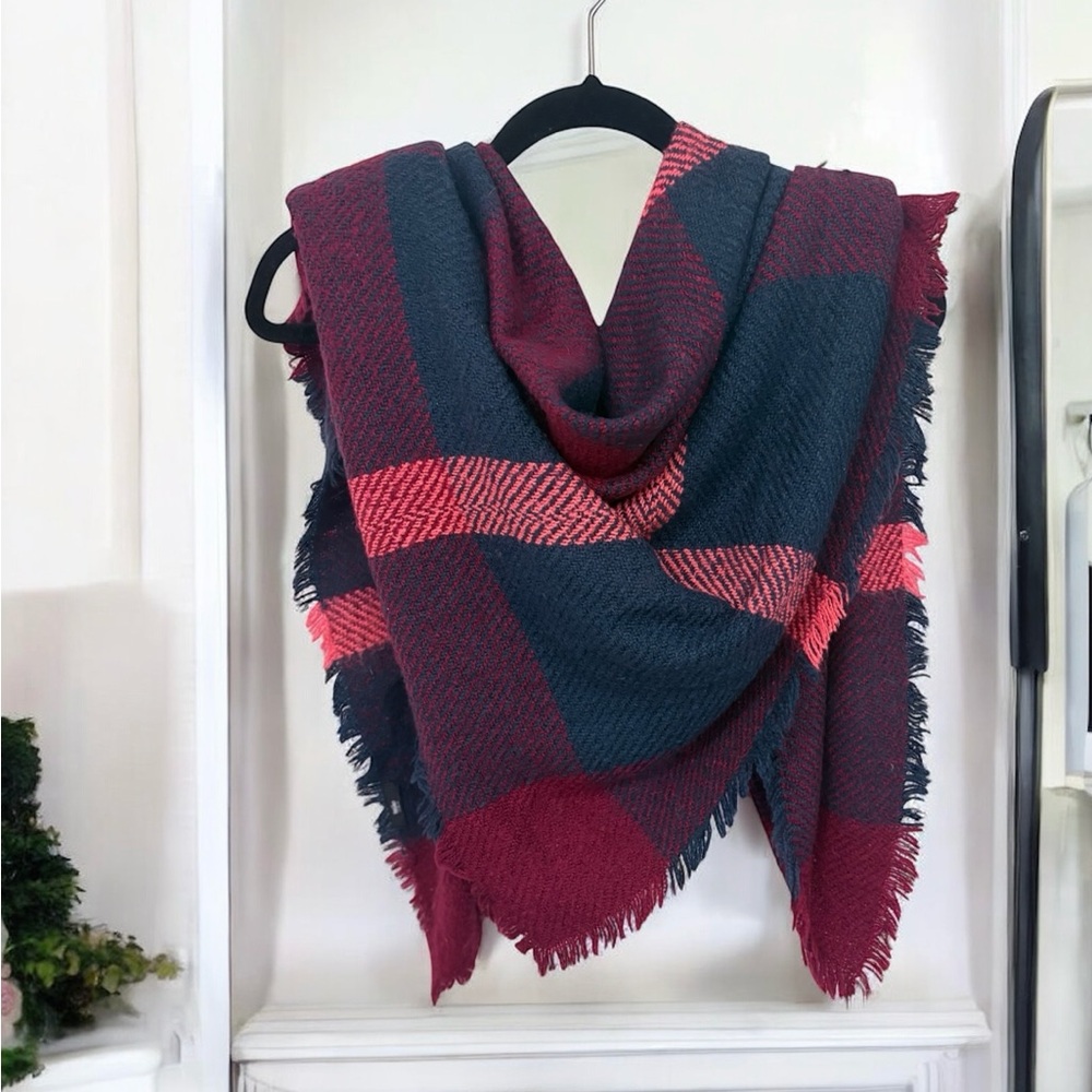 Plaid Wool Blanket Scarf in vivid pink-red and navy